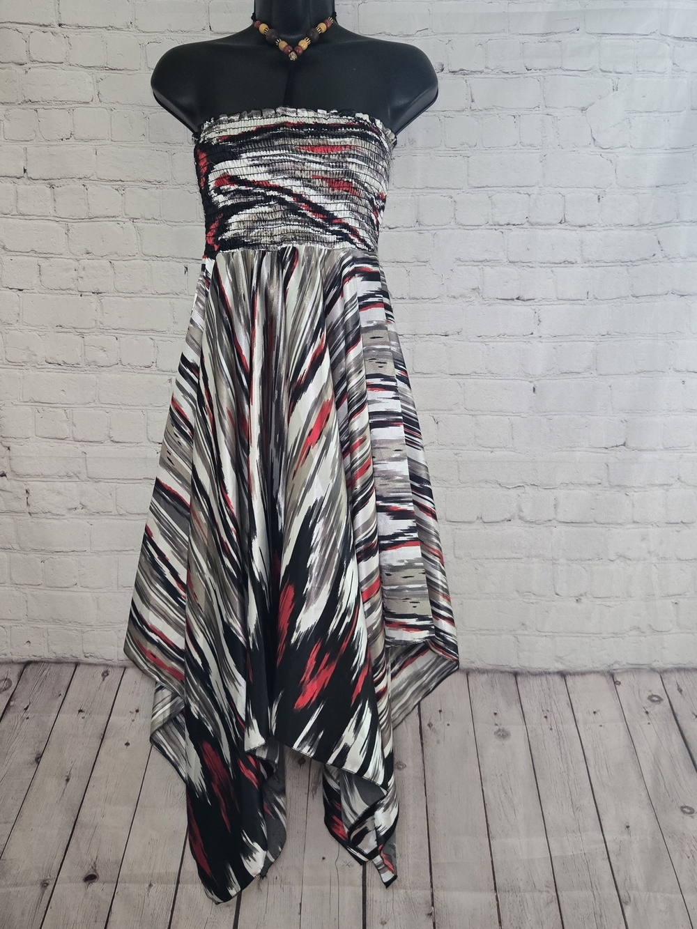 Y2K Abstract Print Handkerchief Hem Dress Beaded Halter Smocked Bust Fairygrunge